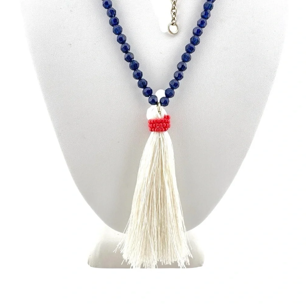 J Crew Necklace with Navy Blue Beads and White Tassel